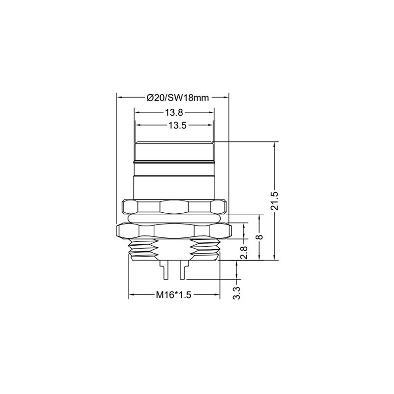 Push-pull m12 3pins A code female straight rear panel mount connector M16 thread,unshielded,solder,brass with nickel plated shell